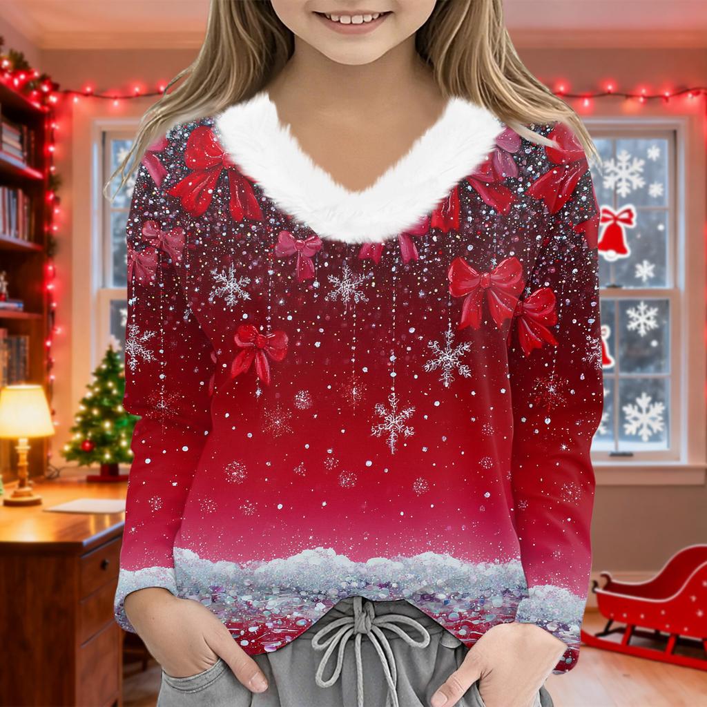 Christmas Day Girls Long Sleeve T Shirts Kids  Girls' V-Neck Tee Christmas Print Long Sleeve Top
