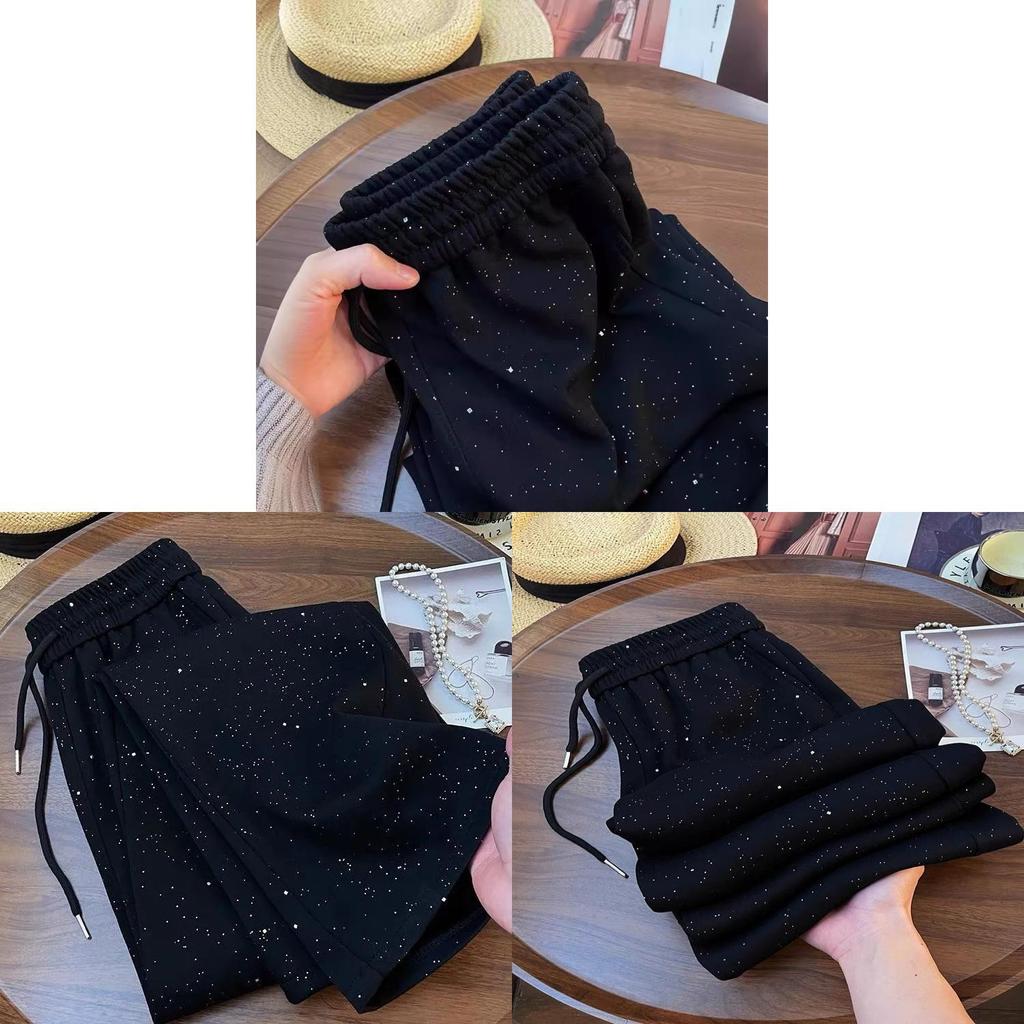 Crystal Embellished Wide Leg Pants With High Waist For Summer Casual Wear