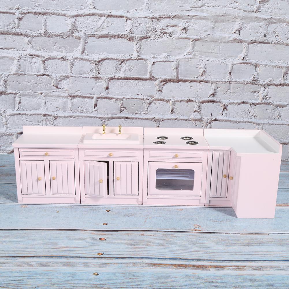 1 : 12 Mini Wooden Dollhouse Integral Kitchen Furniture Miniature Handcraft House PinkKitchen Unit