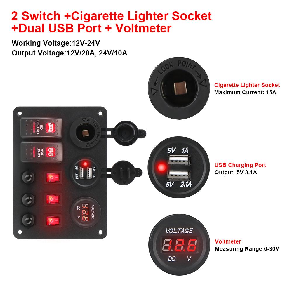 С защитой от перегрузки Цифровой вольтметр Двойные порты USB Автомобильный морской автофургон Светодиодный выключатель 2 + 3 группы кулисный переключатель Панель Аксессуары для интерьера