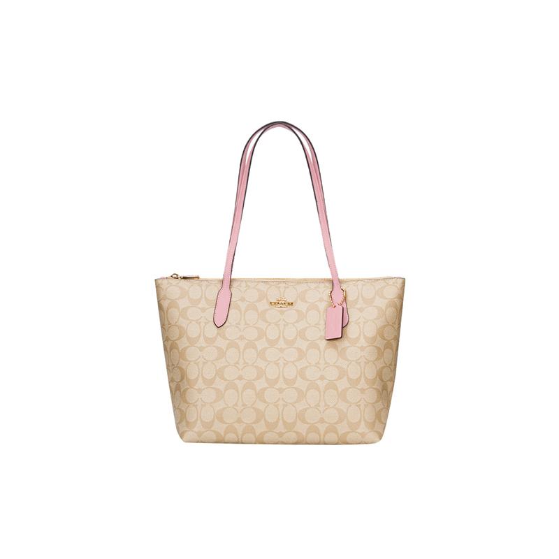 Coach Сумка на плечо Tote с молнией 30 Стиль Resort Сумка-тоут Сумка для покупок PVC с кожей большого размера женская светло-хаки с вишнево-розовым