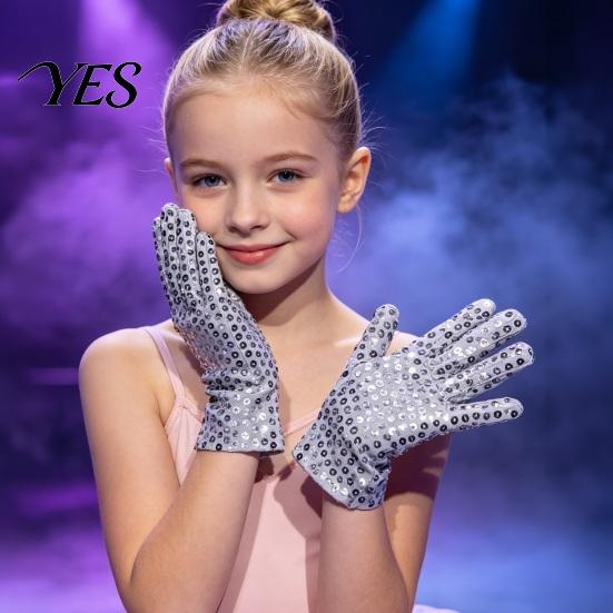 Sequin Performance Gloves 1 Pair Kids Dance Gloves, Red Yellow White Women Party Accessories Sparkly for Stage Costume Party, Children Toddler Silver