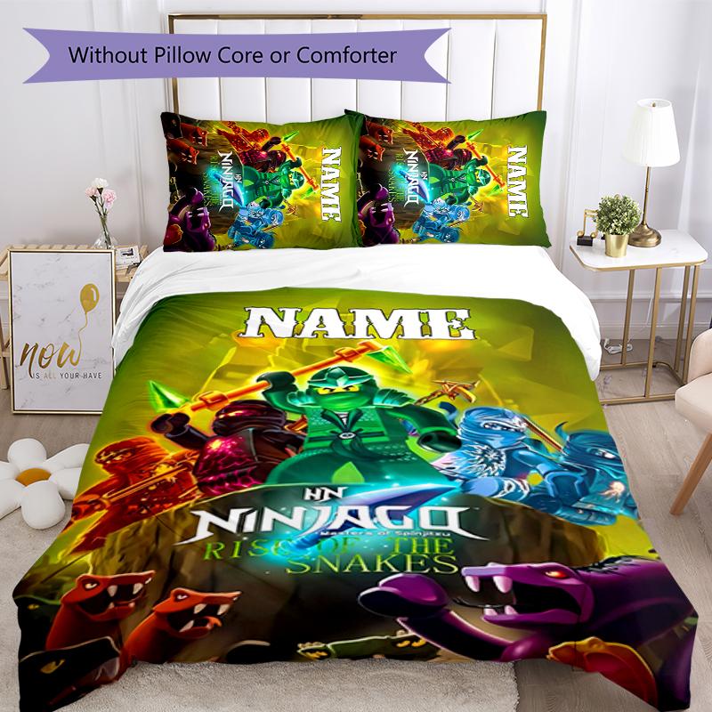 3pcs Custom Name Cartoon Lego Ninjago Bedding Set Duvet Cover Closure Includes 1 Duvet Cover & 2 Pillowcases for All Seasons Bedroom Decor