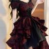 Gothic Lolita Black Red Jacquard Wave Dress Spring Summer Cosplay Fluffy Princess Dress