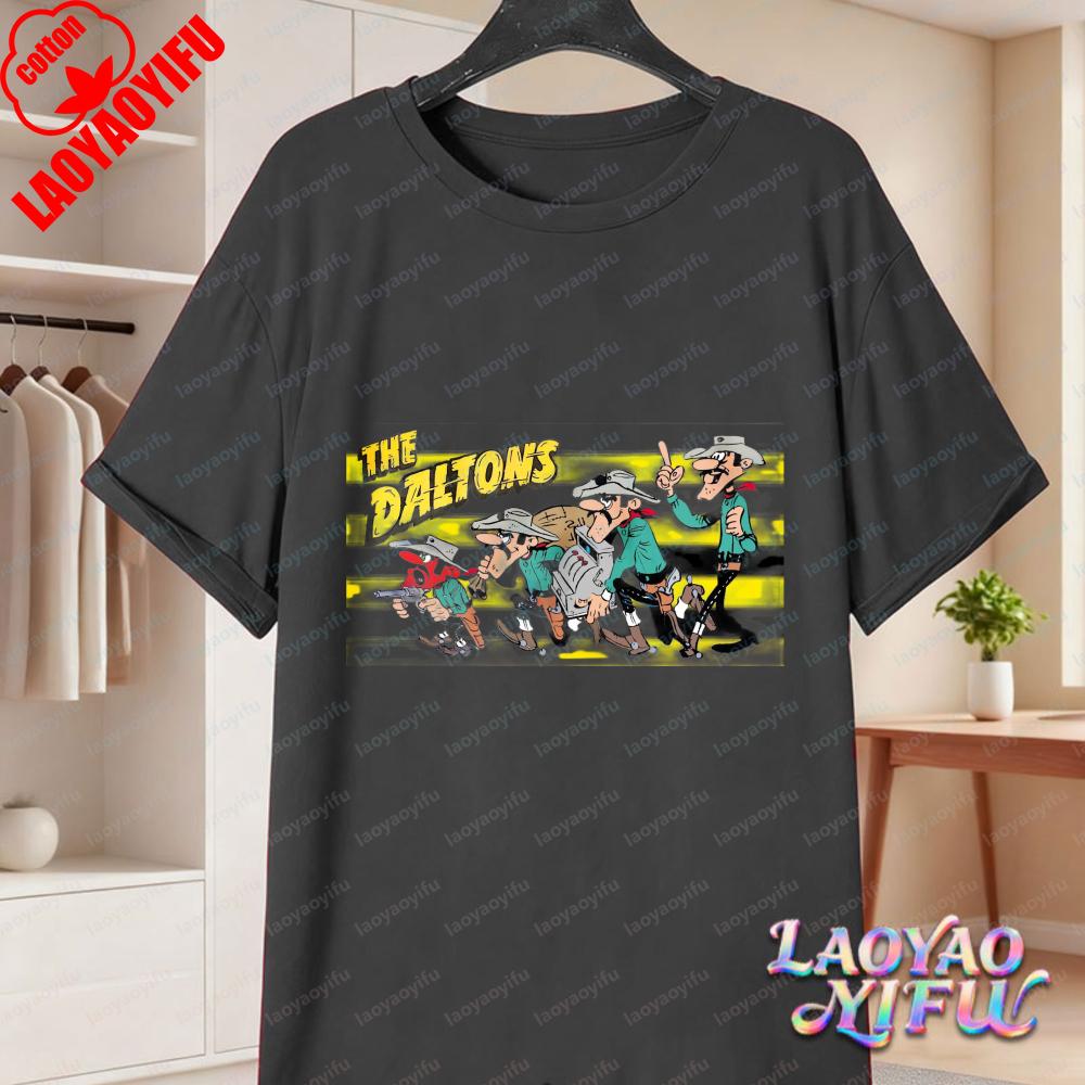 Dalton Brothers Cartoon Print Unisex Cotton TShirt Lucky Luke Summer Casual Tee for Unisex Women Trendy Family Matching Outfits
