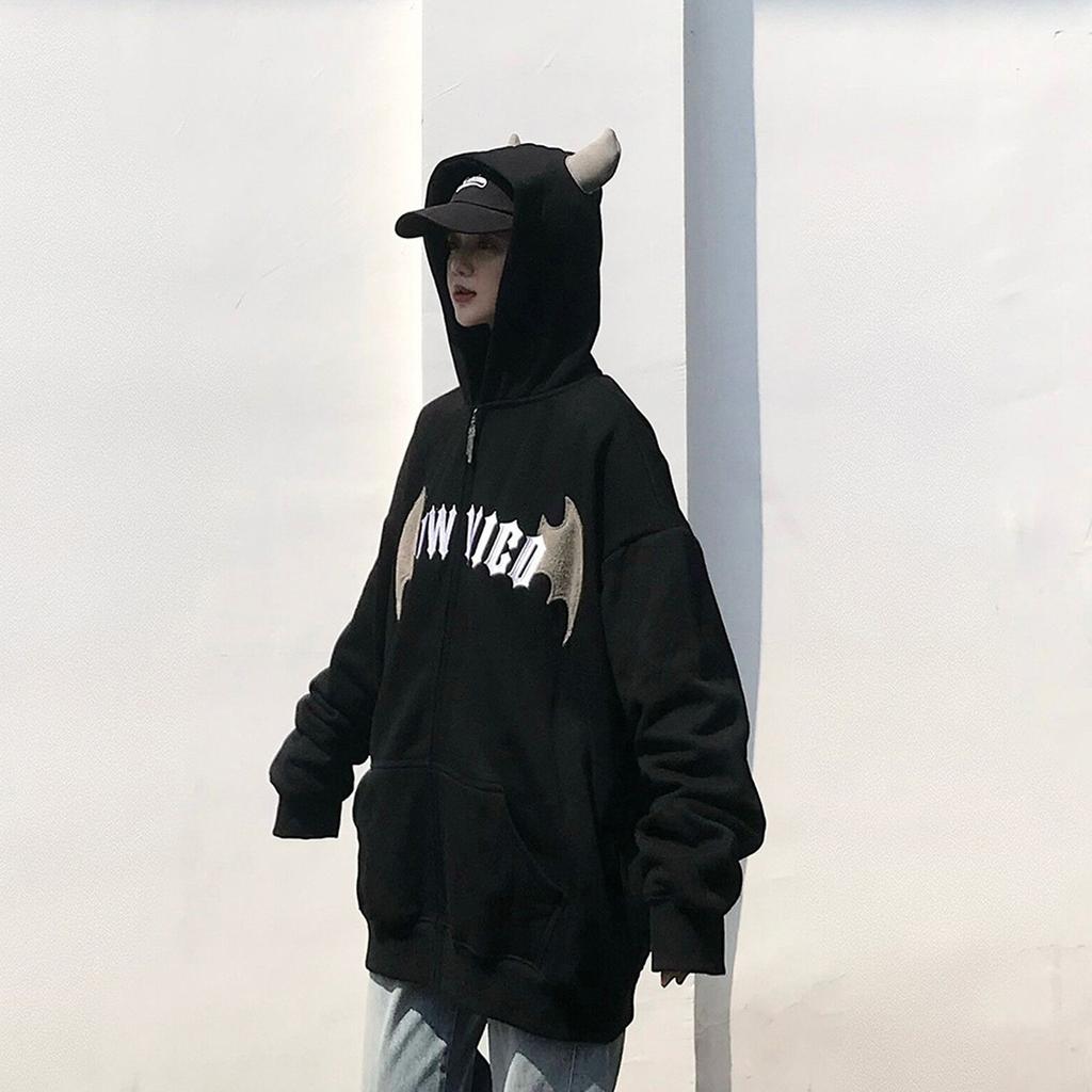Женская мода, свободная толстовка с длинными рукавами и рогами маленького дьявола, с капюшоном, куртка