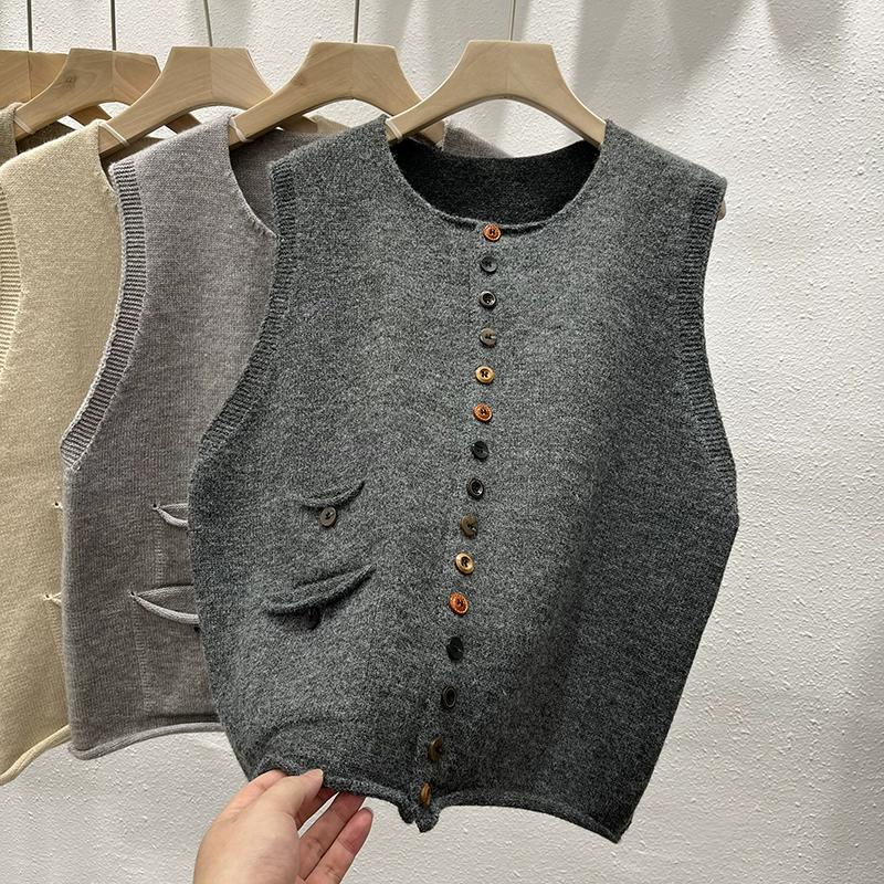 DIMANAF 2025 Осень Женский Жилет без рукавов на пуговицах Свитера Стиль Свободная Вязка Повседневный Свитер