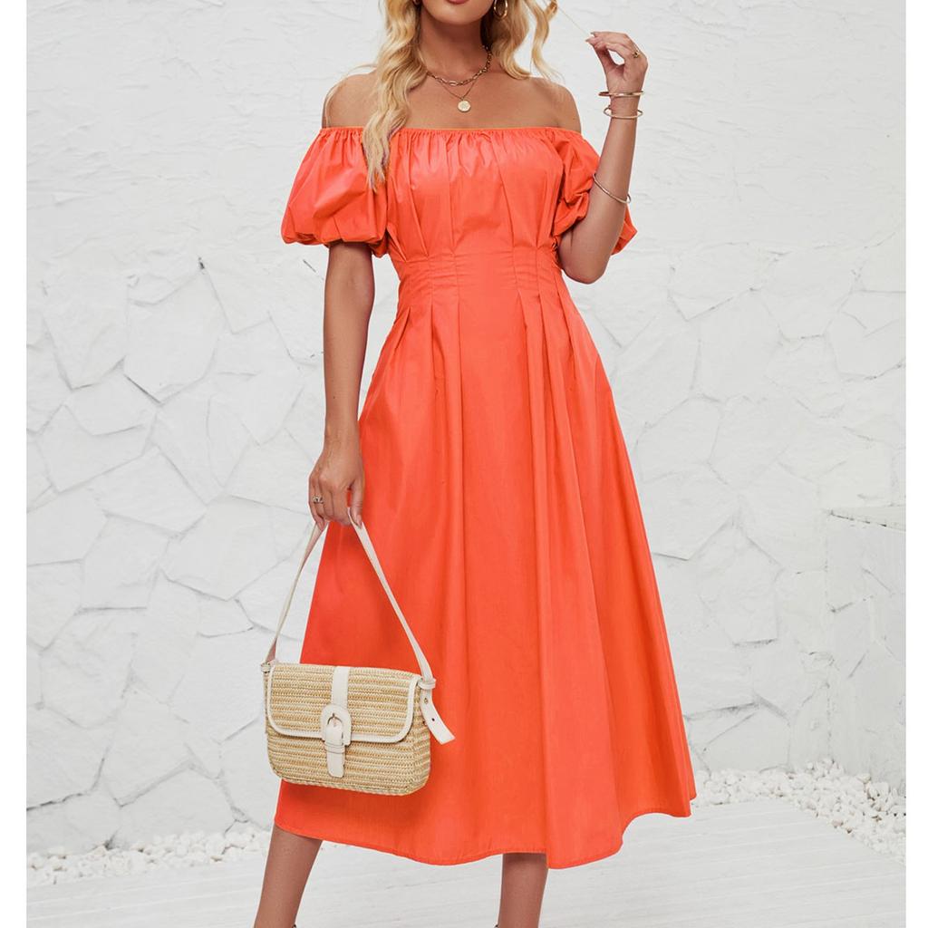 Women's Loose Long Off Shoulder Bubble Short Sleeved Pleated High Waisted Solid Color Dress