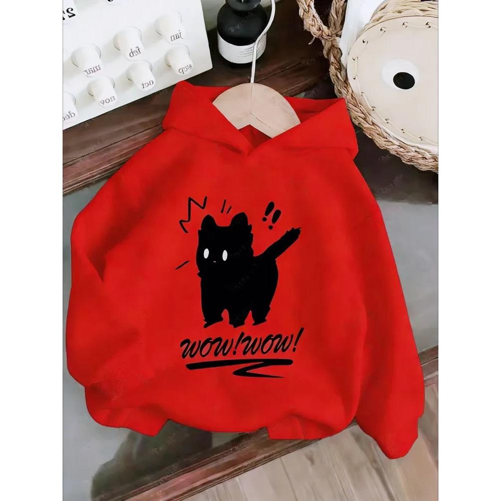 Autumn Kids Hooded SweatshirtFun Cartoon Kitten Silhouette With Wow Wow Text Print Pullover HoodieComfort Casual Top for Boys Girls Outdoor Activities