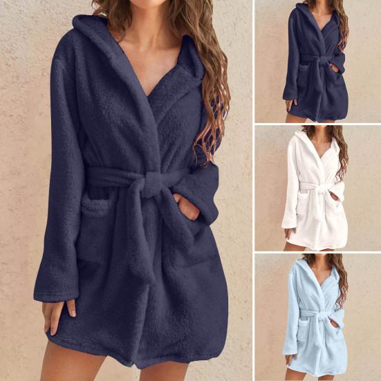 Lady Sleeping Gown Solid Color Hooded Long Sleeves Water Absorption Lady Pajamas for Home