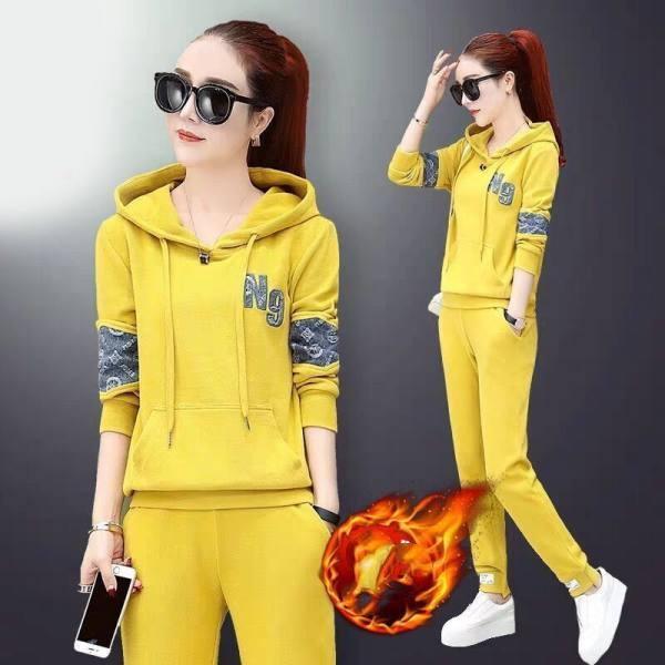 Повседневный спортивный костюм женский осенне-зимний корейский модный свободный плюшевый утолщенный топ с капюшоном комплект из двух частей