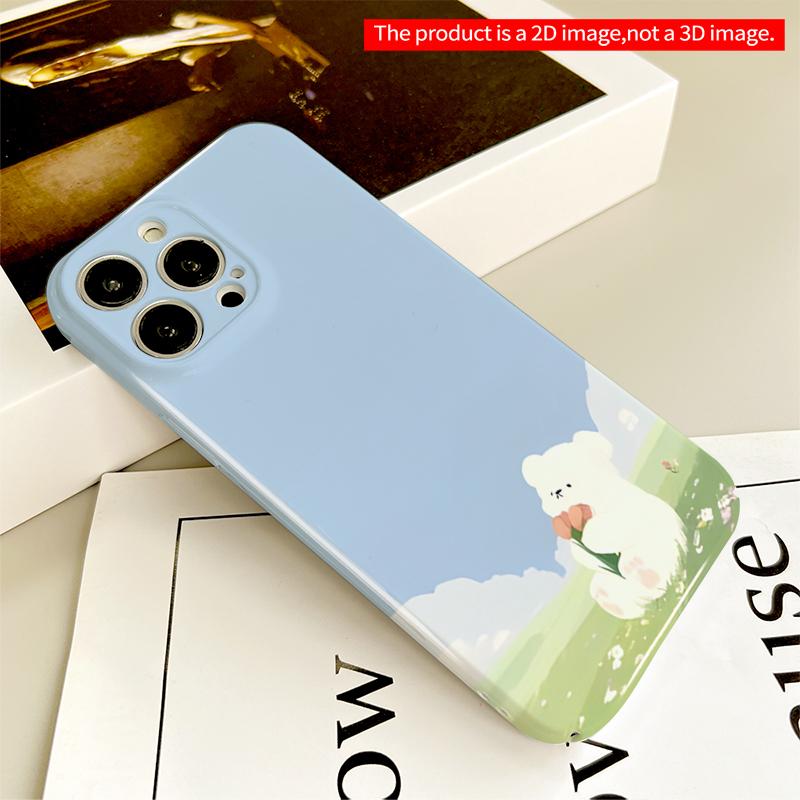 2DFlat Cute Bear Holding Flower in Pastel Field All inclusive film hard iPhone case, compatible with iPhone 18 Pro Max 17 16 15 14 13 12 11