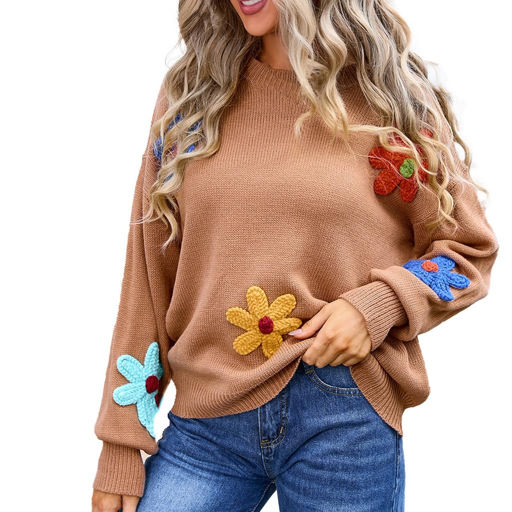 Женский повседневный модный удобный пуловер с круглым вырезом контрастного цвета с цветочным принтом и длинным рукавом уличный тренд вязаный свитер