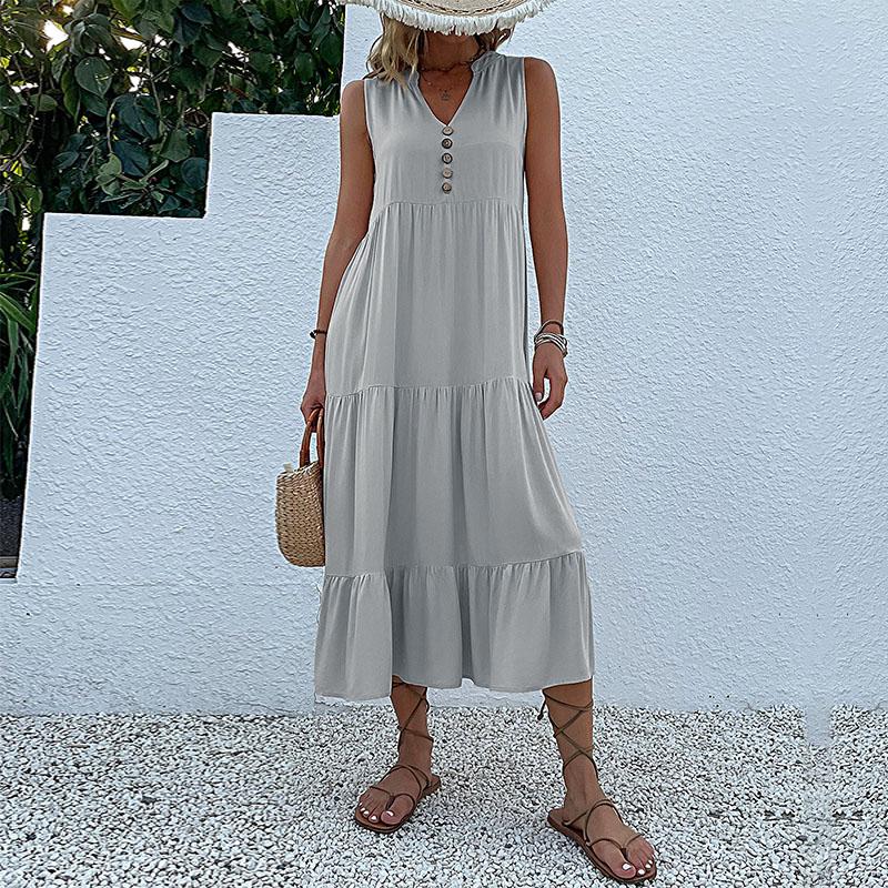 Летнее женское платье трапециевидной формы длиной до колена с V-образным вырезом без рукавов