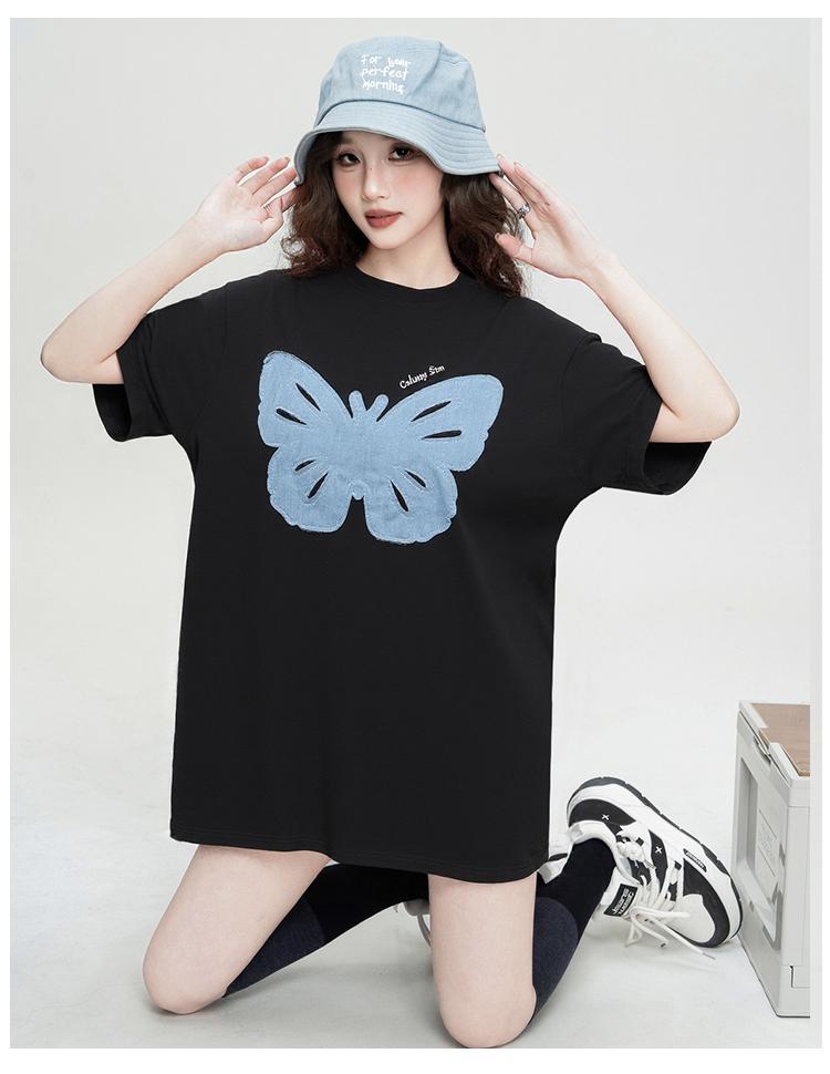 American retro heavy craft patchwork embroidered butterfly design loose and slimming T-shirt top for women in summer