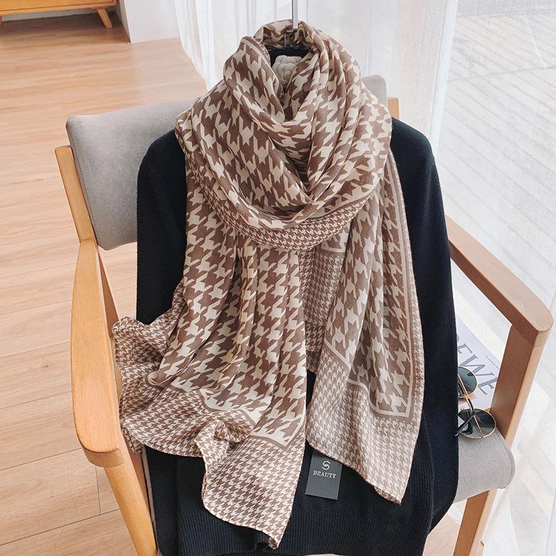 2025 Cotton and Linen Women's Scarf Long Thousand Bird Grid Silk Scarf Air-conditioned Room Warm Outside Scarf Shawl