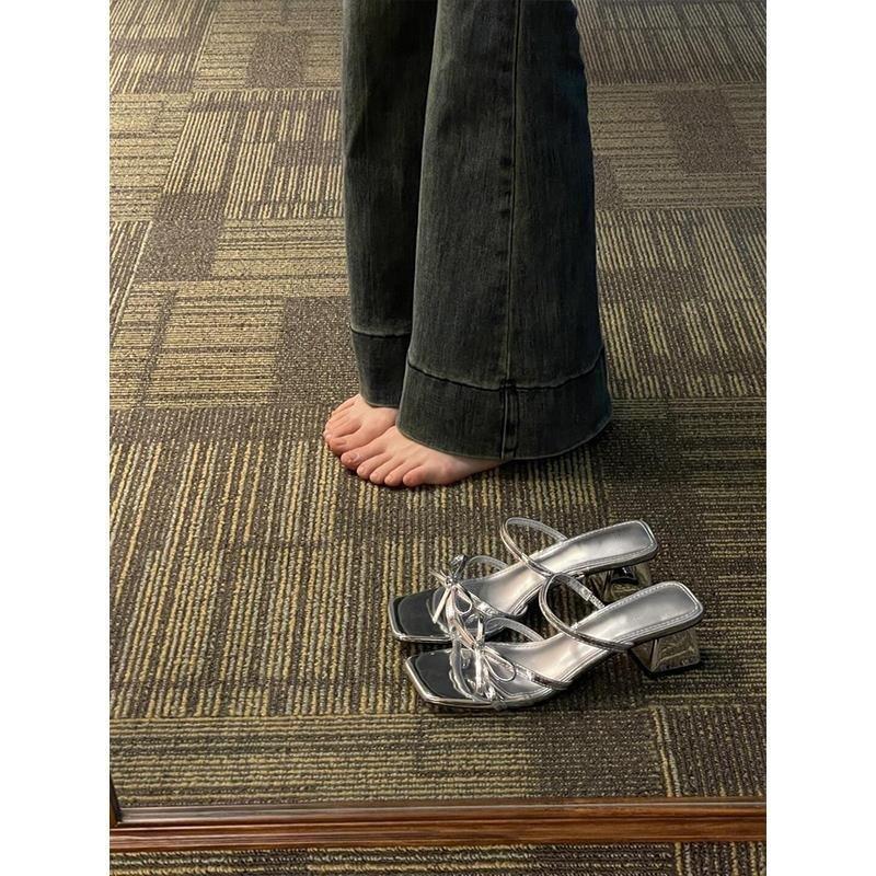 French Bow Design Sense Niche Toe Square Head Slippers Women's Summer Wear One Word Thin Belt Thick Heel