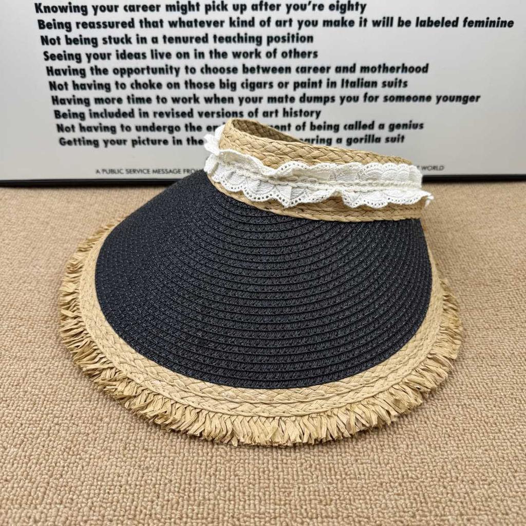 Light and breathable raw edge fringed empty top straw hat women's lace lace fresh anti-ultraviolet travel hat
