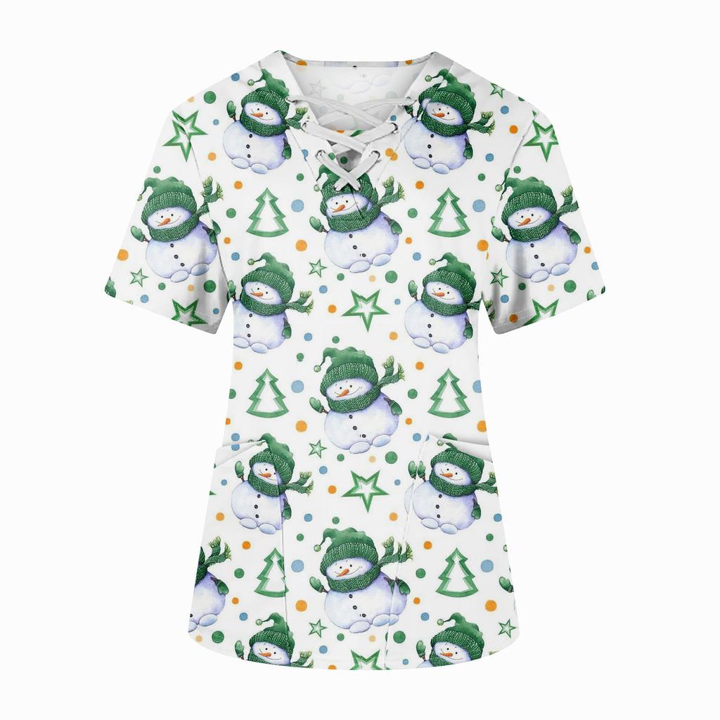 Плюс размерСкраб с принтом Рабочая форма Топы для женщин Крест V-образным вырезом Хэллоуин Принт с короткими рукавами Забавные футболки Спецодежда Футболка с карманами