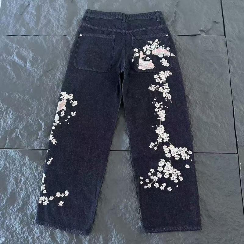 Mens Loose Straight Fit Denim Pants With Floral Embroidery Casual Streetwear Jeans