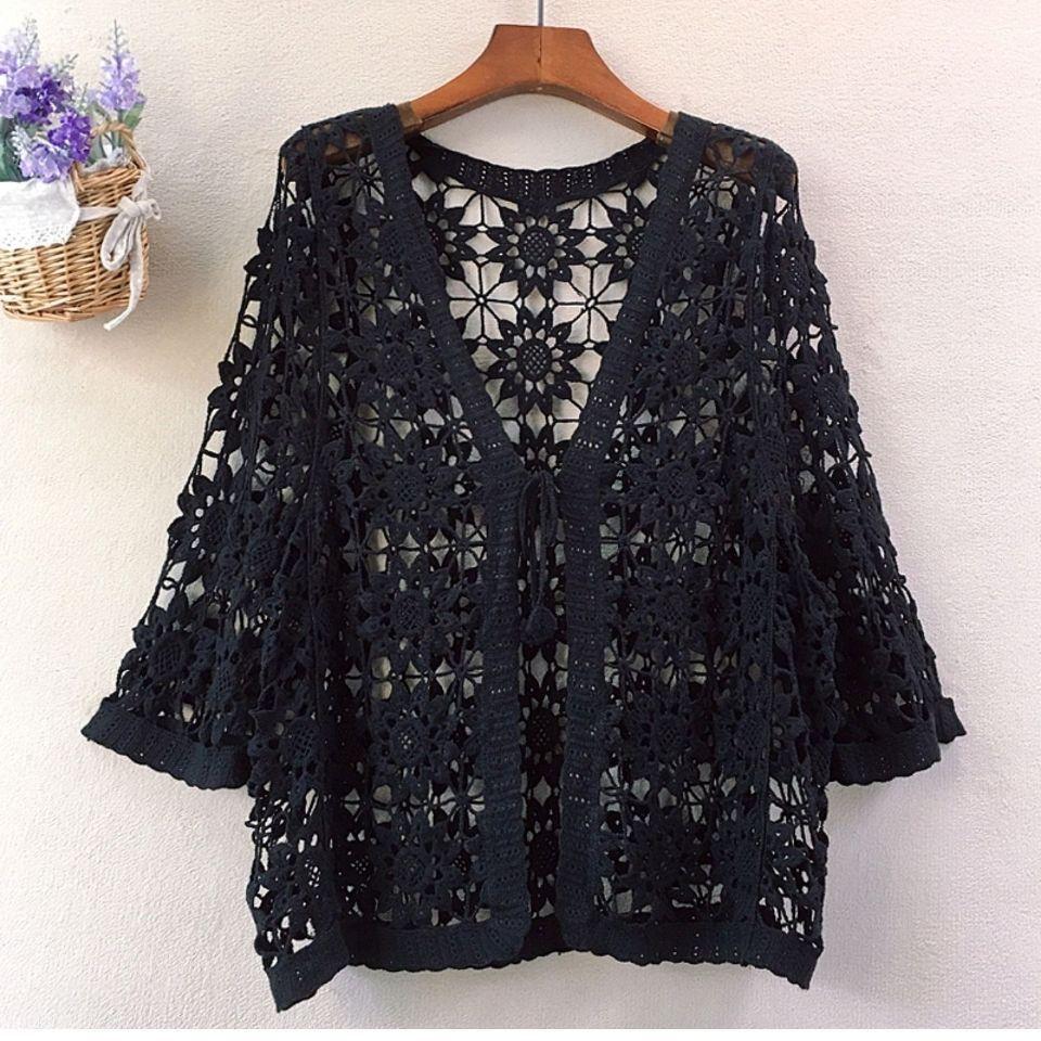 Женская трикотажная куртка с вырезами, хлопковый свободный кардиган, летняя солнцезащитная кружевная блузка с открытым передом