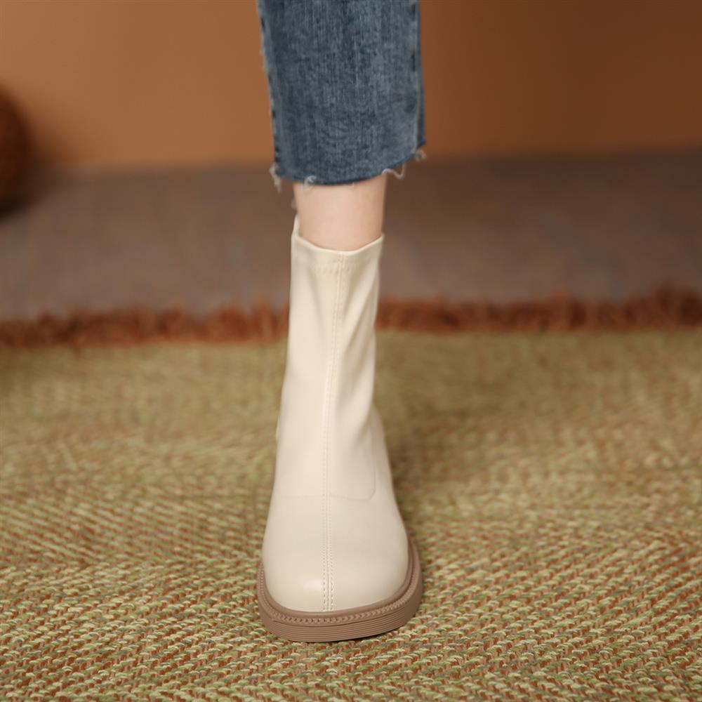 Модные ботильоны на платформе женские 2024 зима всесезонные с круглым носком эластичные женские туфли на толстой подошве средней высоты осенние ботинки на платформе и каблуках