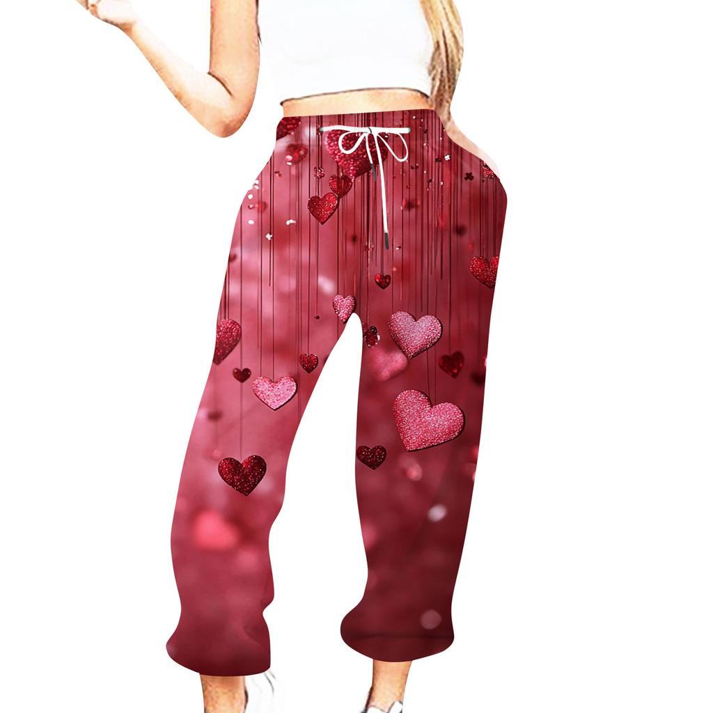Женская повседневная мода День святого Валентина Повседневные брюки с принтом Спортивные брюки Брюки с эластичной резинкой на талии со шнурком Брюки со шнурком