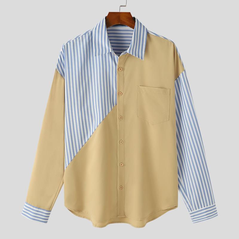 INCERUN Men Turn Down Collar Long Sleeve Buttons Tops Casual Striped Patchwork Shirts