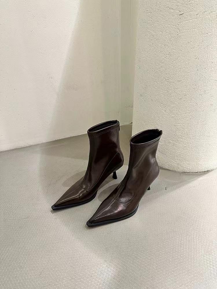 Мода 2024 Осень Новые женские остроносые высокие каблуки короткие сапоги тонкие каблуки дополнительная флисовая подкладка средние сапоги Followfashion женские