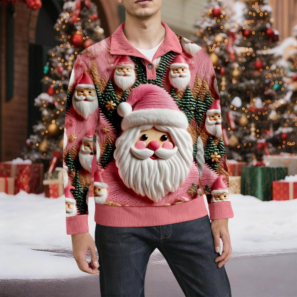 Мужская рождественская хлопковая рубашка-пуловер с длинным рукавом для активного отдыха, винтажная вельветовая рубашка с воротником-стойкой и пуговицами, повседневная толстовка с рождественским принтом