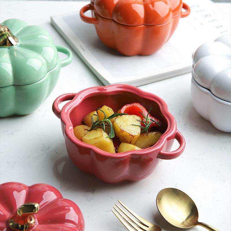 Pumpkin Bowl Soup Cup with Lid Baking Bowl Ceramic Rice Bowl Baking Tableware Dessert Bowl Soup Bowl Ceramic Tableware