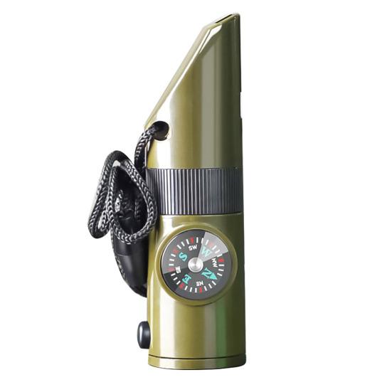 7-In-1 Multifunctional Whistle with Compass Thermometer Magnifier Reflector Mirror LED Light Outdoor Hiking Hunting Camping Emergency Survival Tool