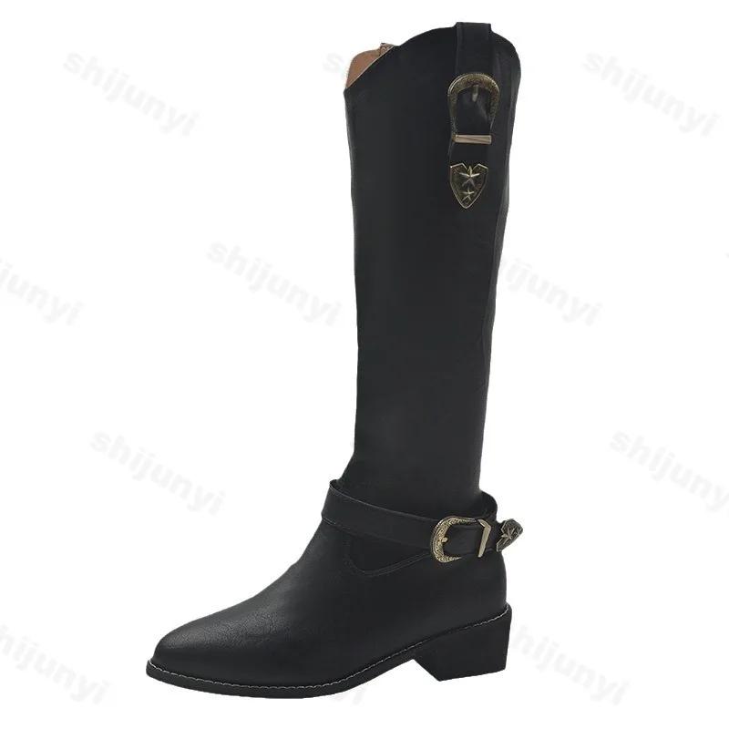 Женские сапоги Челси на среднем каблуке, высокие до колена, модные мотоциклетные сапоги с металлической пряжкой на платформе, дизайнерские остроносые высокие рыцарские сапоги