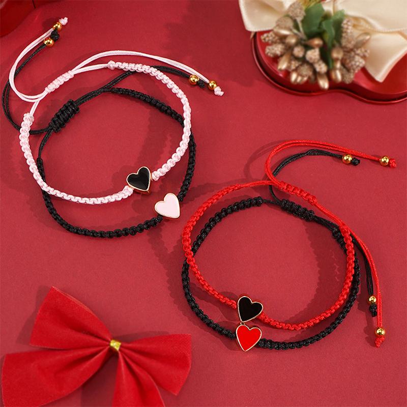 Браслет на удачу с эмалевым сердцем, веревочный браслет, регулируемый, для дружбы, парные украшения, 2 шт./комплект