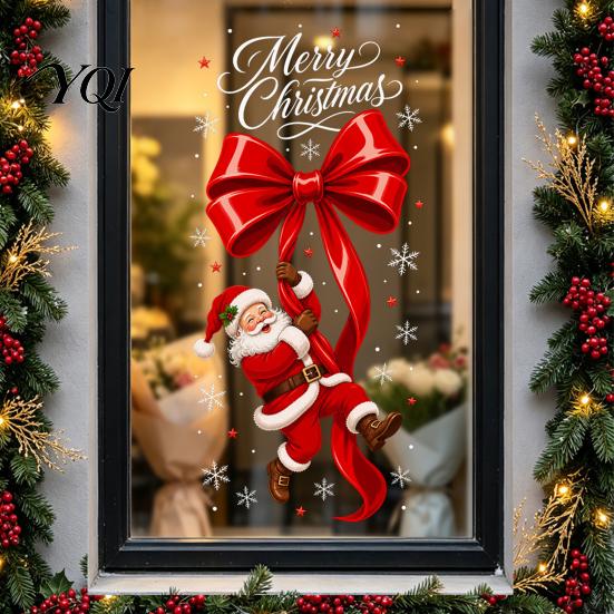 Static Glass Stickers Sticker, Christmas Theme Bow Pattern Print, Removable Reusable Decals Electrostatic PVC Film for Home And Store Doors
