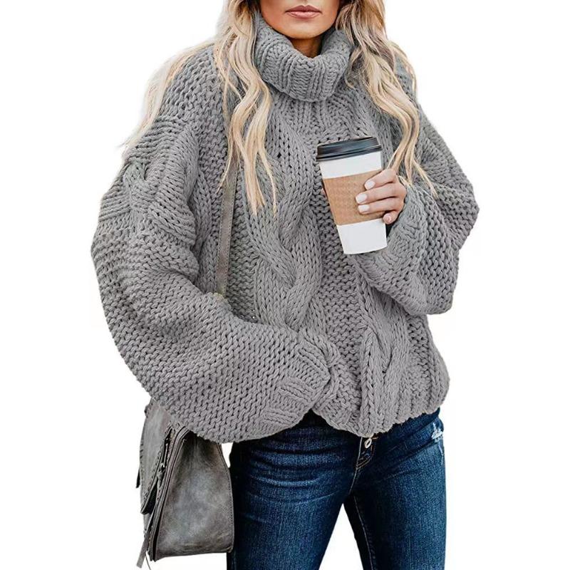 Autumn and Winter Women's Sweater Lazy Wind Solid Color Twist Loose High Neck Sweater