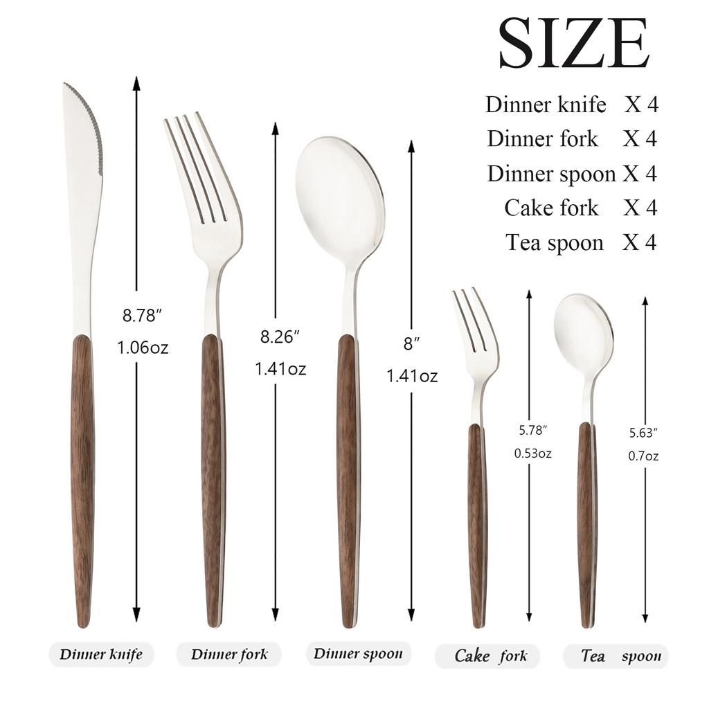 20Pcs Wooden Handle Dinnerware Steak Knife Coffee Spoon Cake Fork Set Mirror Stainless Steel Tableware Kitchen Utensils Eating Silverware