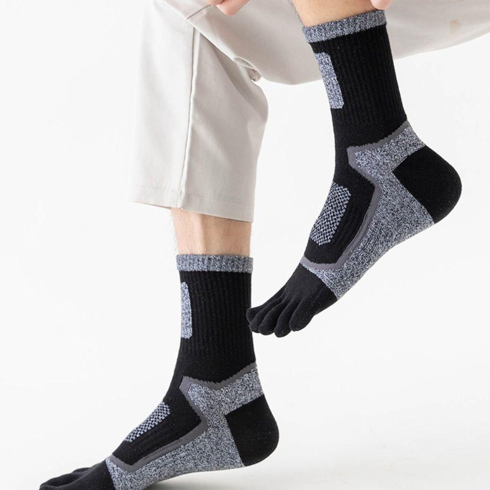 Patchwork Color Thick Long Tube Trendy Retro Middle Tube Hosiery Five Finger Socks Cotton Man Socks