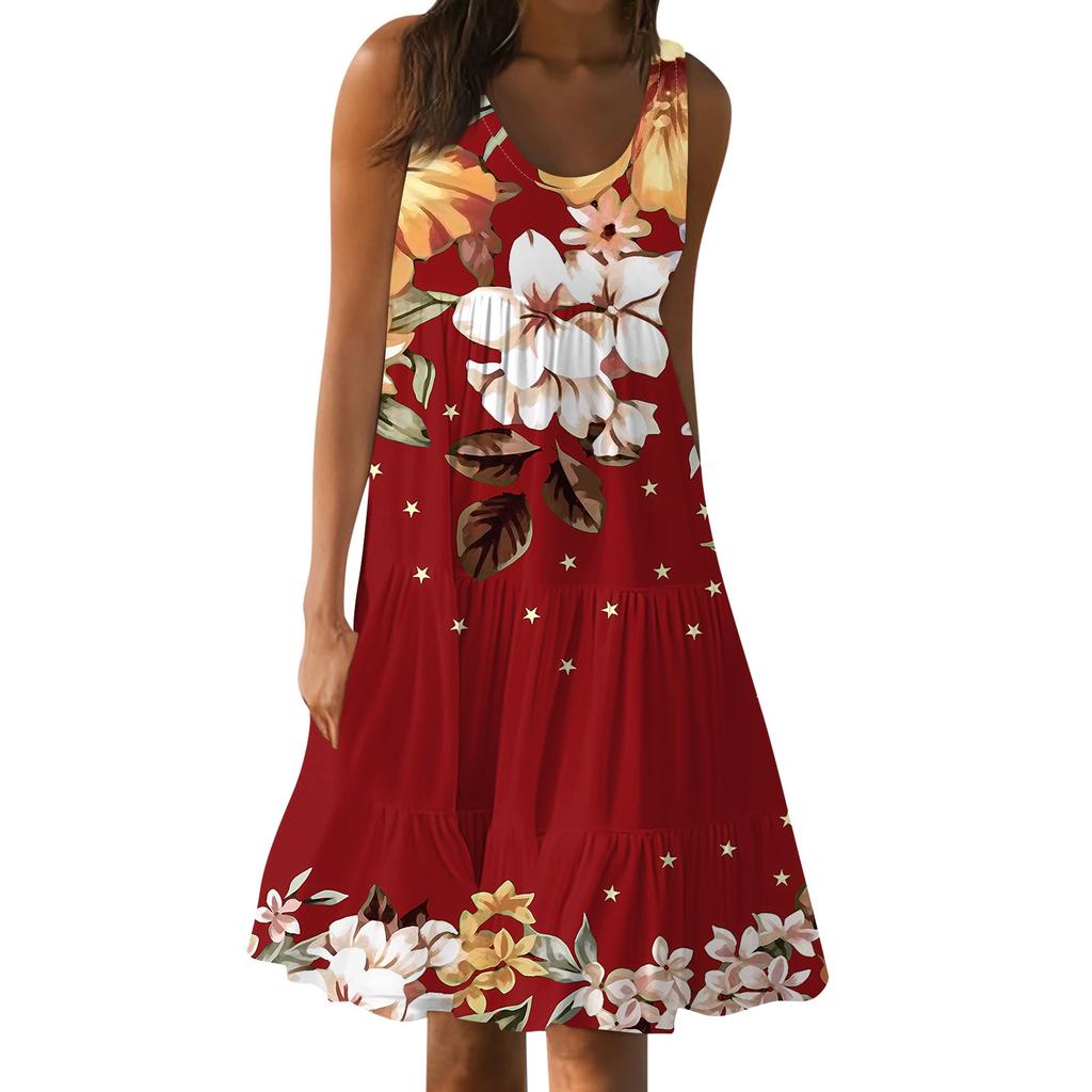 Гавайское платье для женщин, летние весенние плиссированные богемные платья, милые струящиеся пляжные платья без рукавов, прямые платья-майки, платья с круглым вырезом