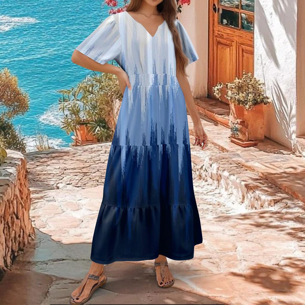 Women's  Summer Floral V Neck Maxi Dress Short Sleeve High Waist A Line Tiered Flowy Boho Vacation Dresses