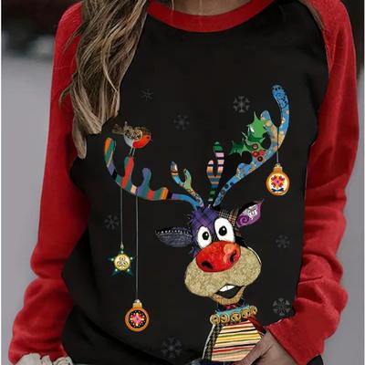 Осенне-весенняя одежда Рождественский принт оленя свитер Топы для женщин Круглый вырез Длинный рукав