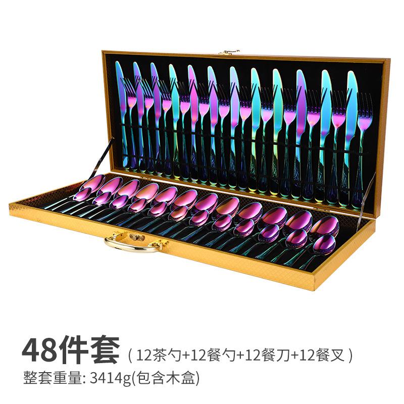 Light Luxury Stainless Steel Knife, Fork and Spoon 48 Pieces Gift Golden Wooden Box Set Hotel Western-style Tableware