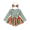 Baby Girl Fall Outfit, Flower Print Ruffle Trim Long Sleeve Romper Dress Bow Headband 2 Piece Set