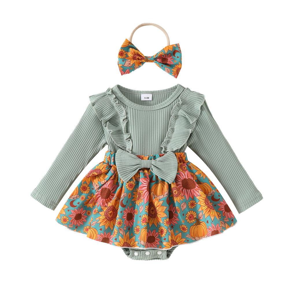 Baby Girl Fall Outfit, Flower Print Ruffle Trim Long Sleeve Romper Dress Bow Headband 2 Piece Set