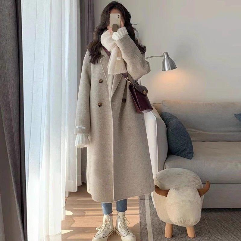 2025 Autumn/Winter Grey Mid-Length Double-Faced Wool Coat: Loose Hand-Stitched Korean Style Women's Overcoat