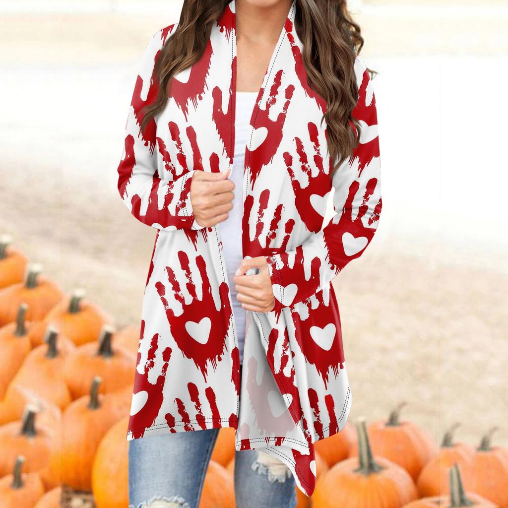 Женский модный повседневный кардиган средней длины с принтом на Хэллоуин, куртка, пальто