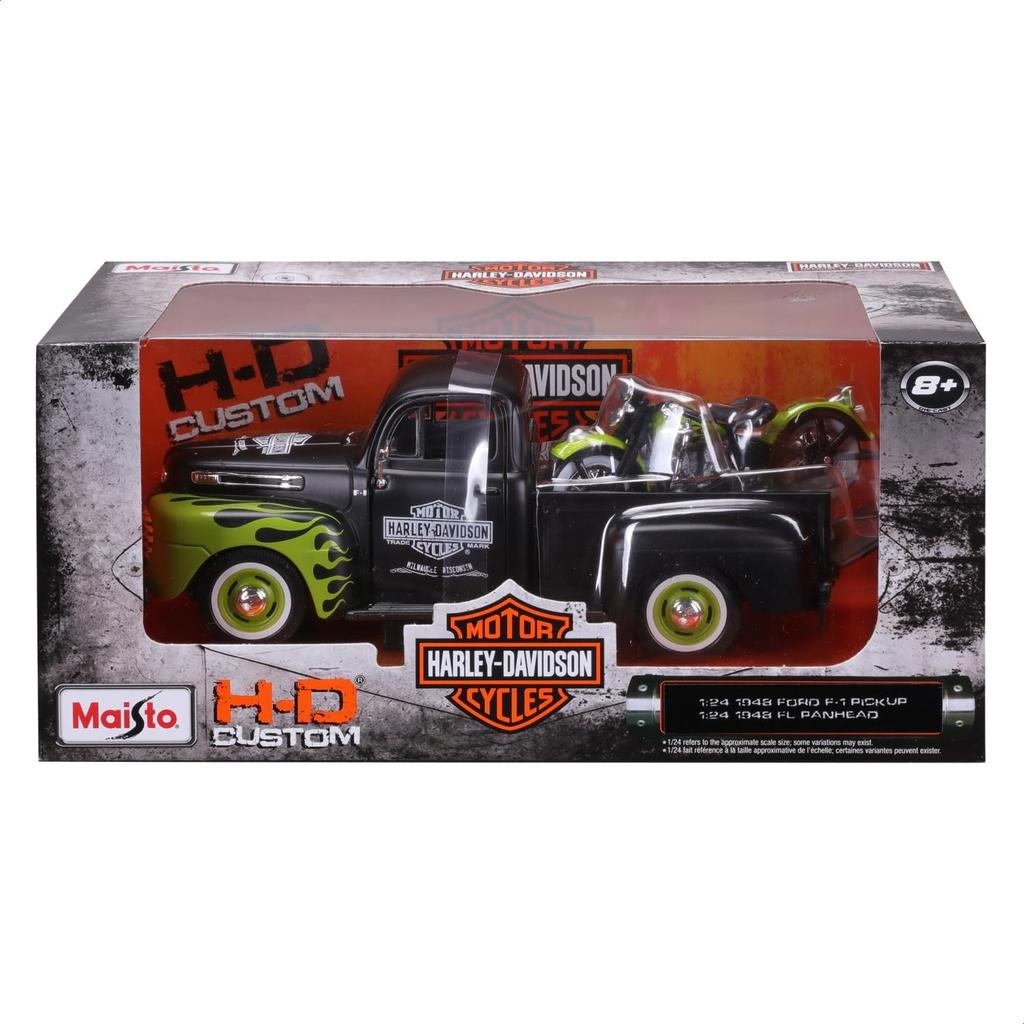 Maisto Ford Пикап 1948 1948 FL Panhead Серия Custom Модель автомобиля из литого металла Готовый продукт 32171 1/24 F-1 и 1/24 Черный/Зеленый Harley-Davidson /