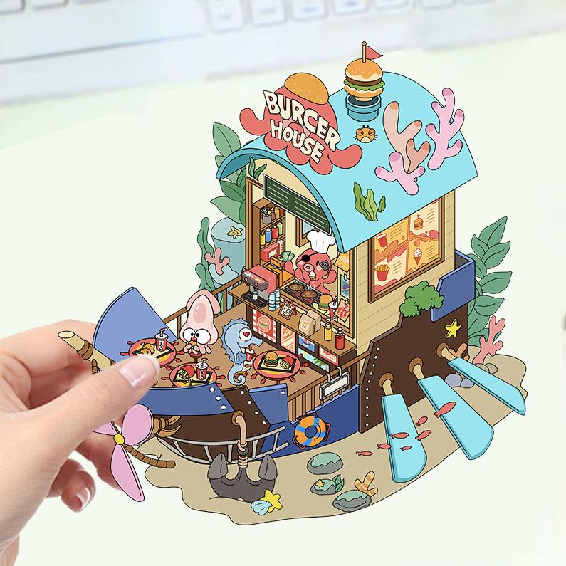 Cartoon Landscape Stickers Multiple Miniature World 3D Hut Unzip DIY Scene Manual Post