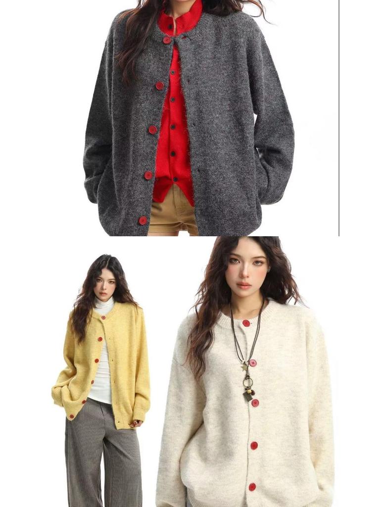 Женский мягкий вязаный кардиган Осень 2025 – Однотонный, с круглым вырезом, на деревянных пуговицах, свободного кроя, универсальный, пушистый кардиган-свитер