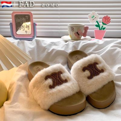 Премиальные сенсорные пушистые тапочки женские 2025 осень и зима новинка интернет-знаменитость толстая подошва тапочки на перемычке пушистые тапочки Birkencotton
